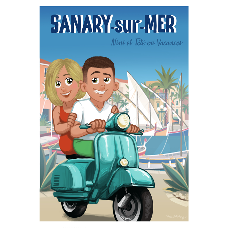 affiche personnalisée couple en vespa