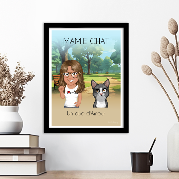 Affiche personnalisée Mamie et son chat, style illustration moderne, cadeau Fête des Grands-Mères