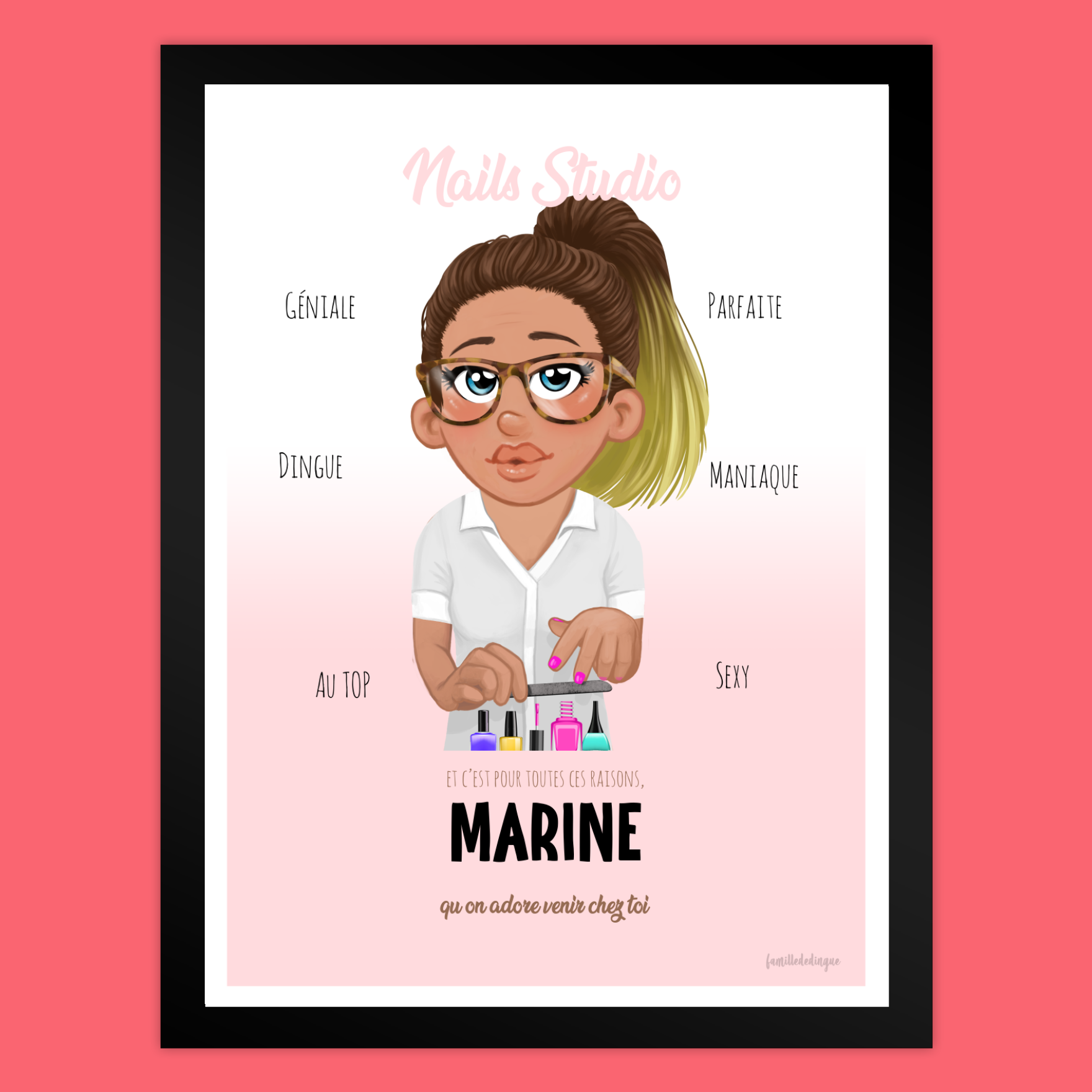 Portrait personnalisé illustré d’une prothésiste ongulaire avec accessoires et fond décoratif