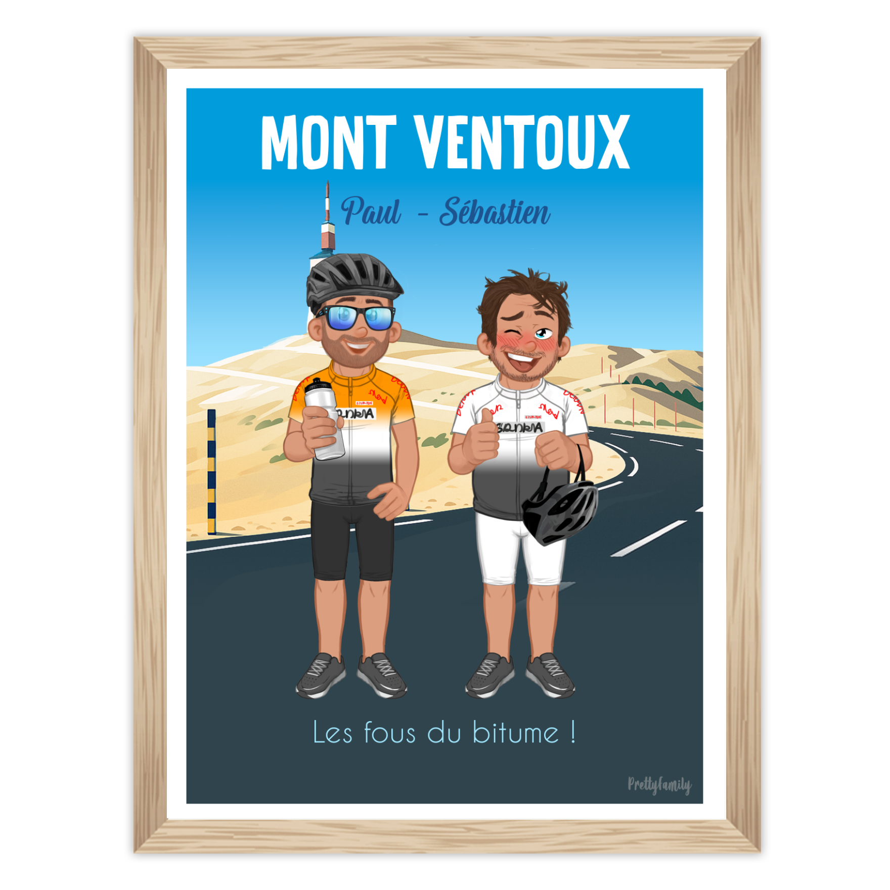 Illustration d’un cycliste personnalisé au sommet du Mont Ventoux – style Pretty Family, décor de montagne et vélo