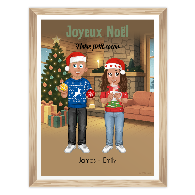 Affiche personnalisée couple en pull de Noël devant cheminée et sapin