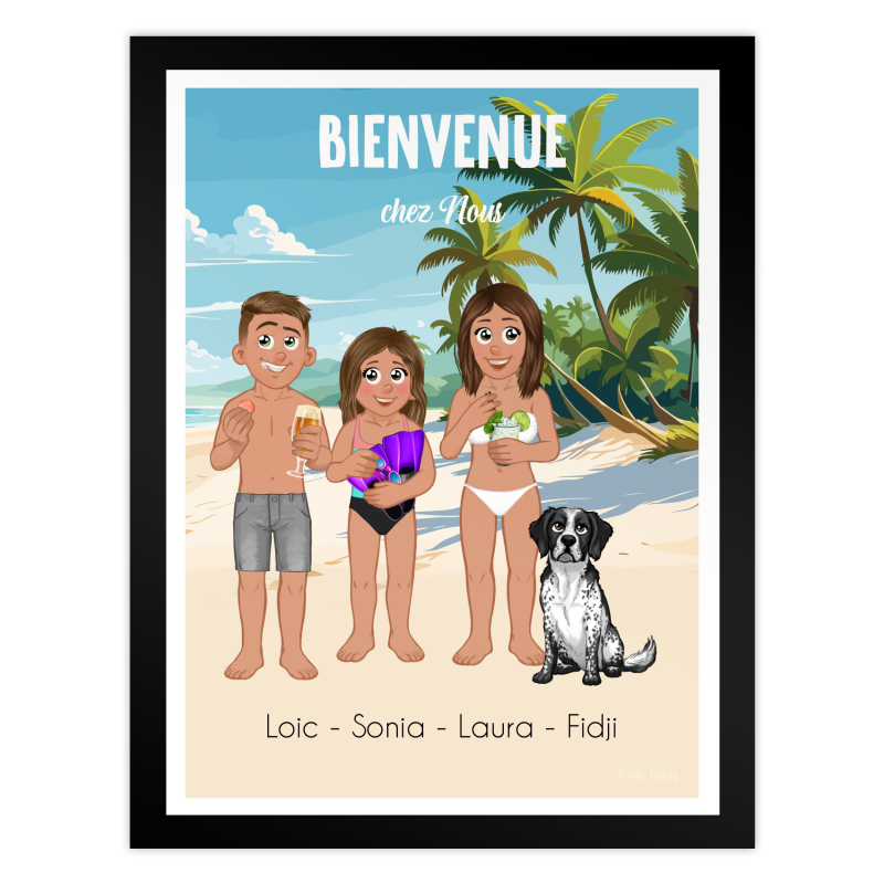 affiche personnalisée bienvenue chez nous famille plage couple enfant chien été personnalisable