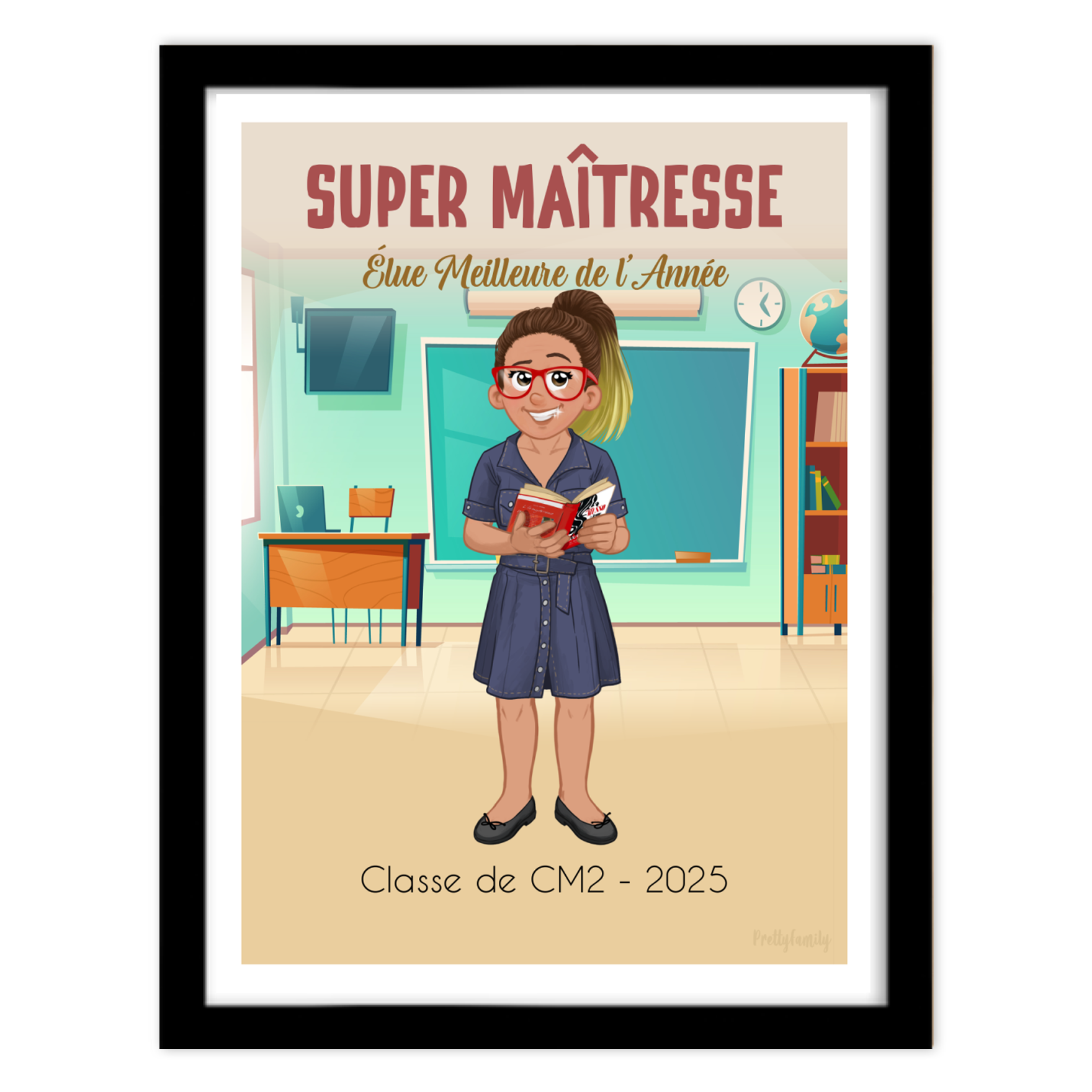 Portrait illustré personnalisé d’une maîtresse dans sa classe – Cadeau de fin d’année