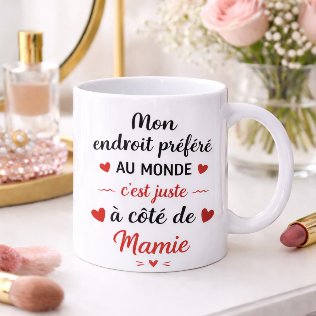 Mug en céramique Mon endroit préféré c’est juste à côté de Mamie – cadeau Fête des Grands-Mères