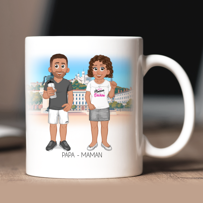  Mug personnalisé avec illustration de famille style avatar, texte et prénoms