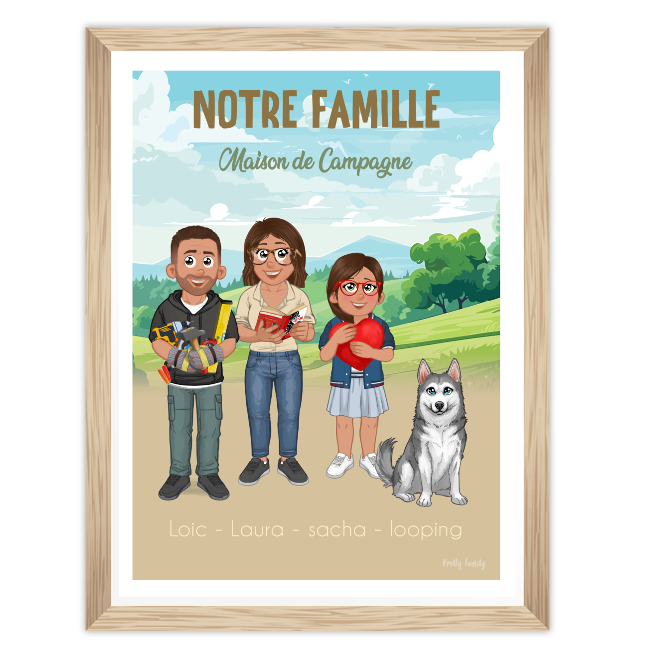 Illustration personnalisée de famille à la campagne avec avatars uniques