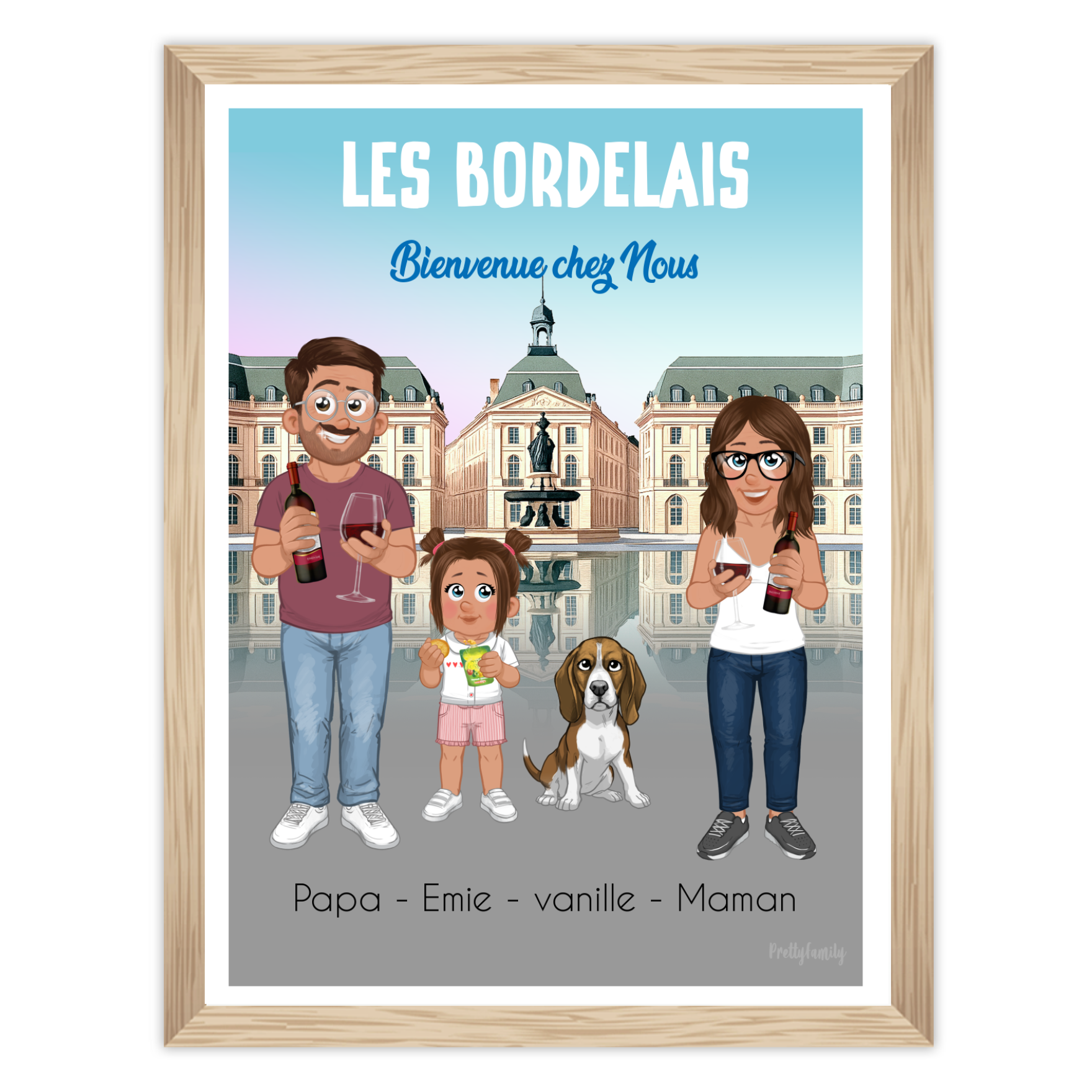 Illustration personnalisée d’une famille devant la Place de la Bourse de Bordeaux et le Miroir d’eau – style Pretty Family avec avatars