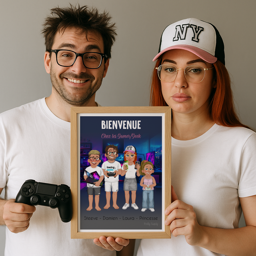 Illustration avatar personnalisée d’une famille geek/gamer family