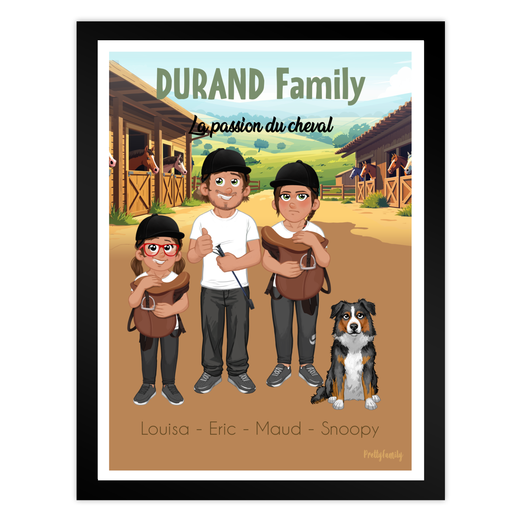 Illustration famille personnalisée style cavalier avec avatars – fond écurie et champs – style Pretty Family