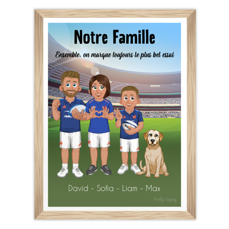 Illustration cadre personnalisé famille rugby avec avatars en tenue de rugbyman, fond stade et prénoms
