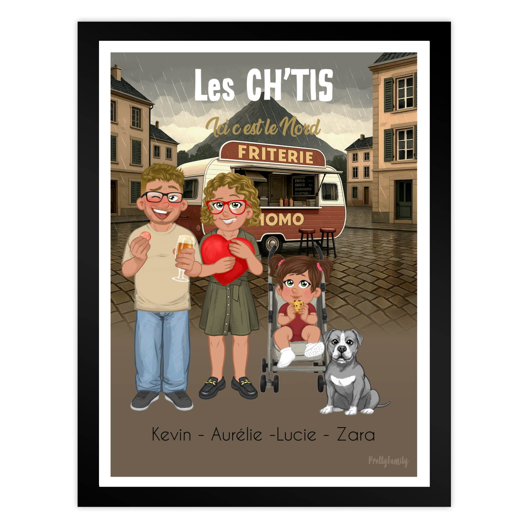 Illustration famille personnalisée devant un terril et la friterie Momo – décor du Nord – style Pretty Family