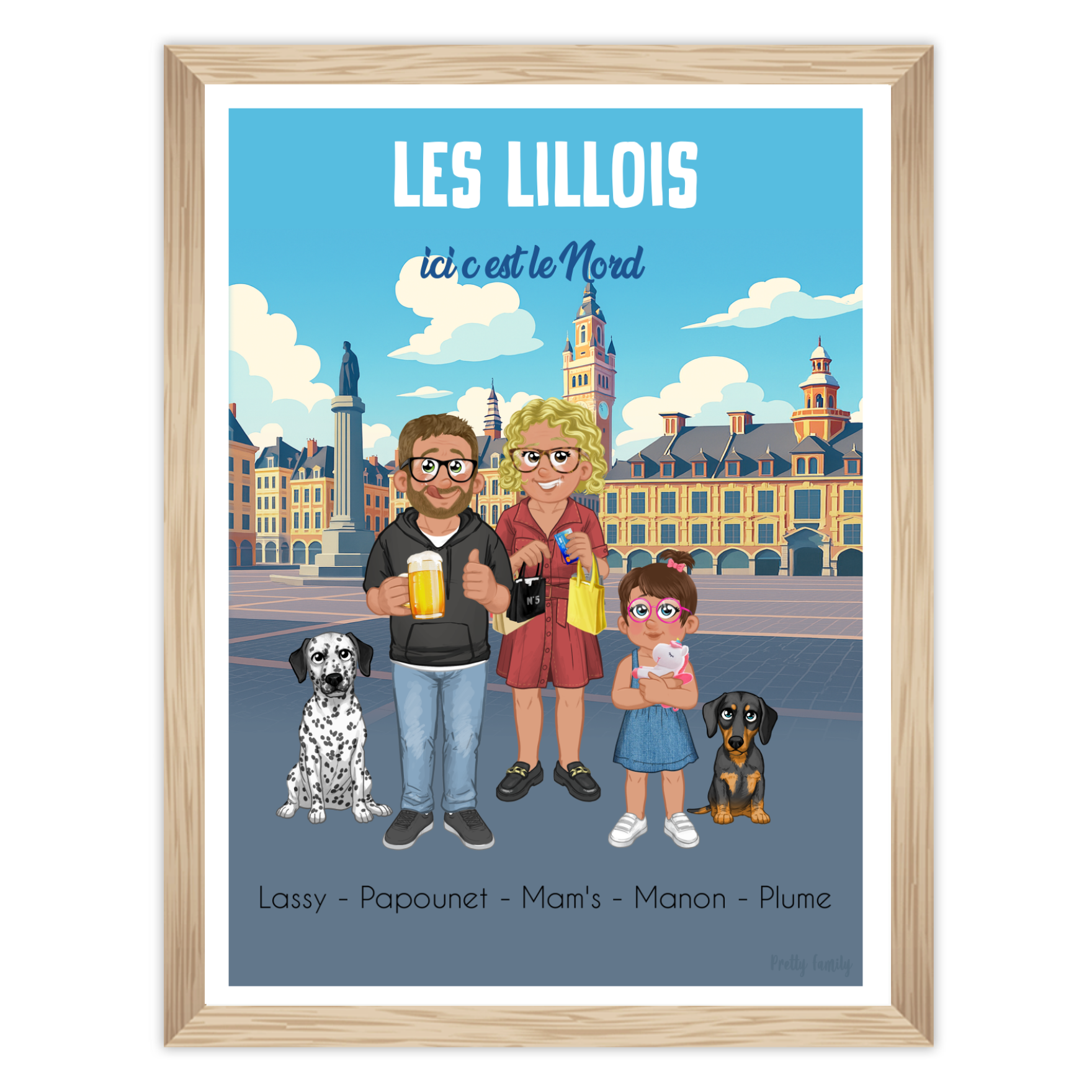 Illustration d’une famille personnalisée devant la Grand-Place de Lille et la Vieille Bourse – style Pretty Family avec avatars