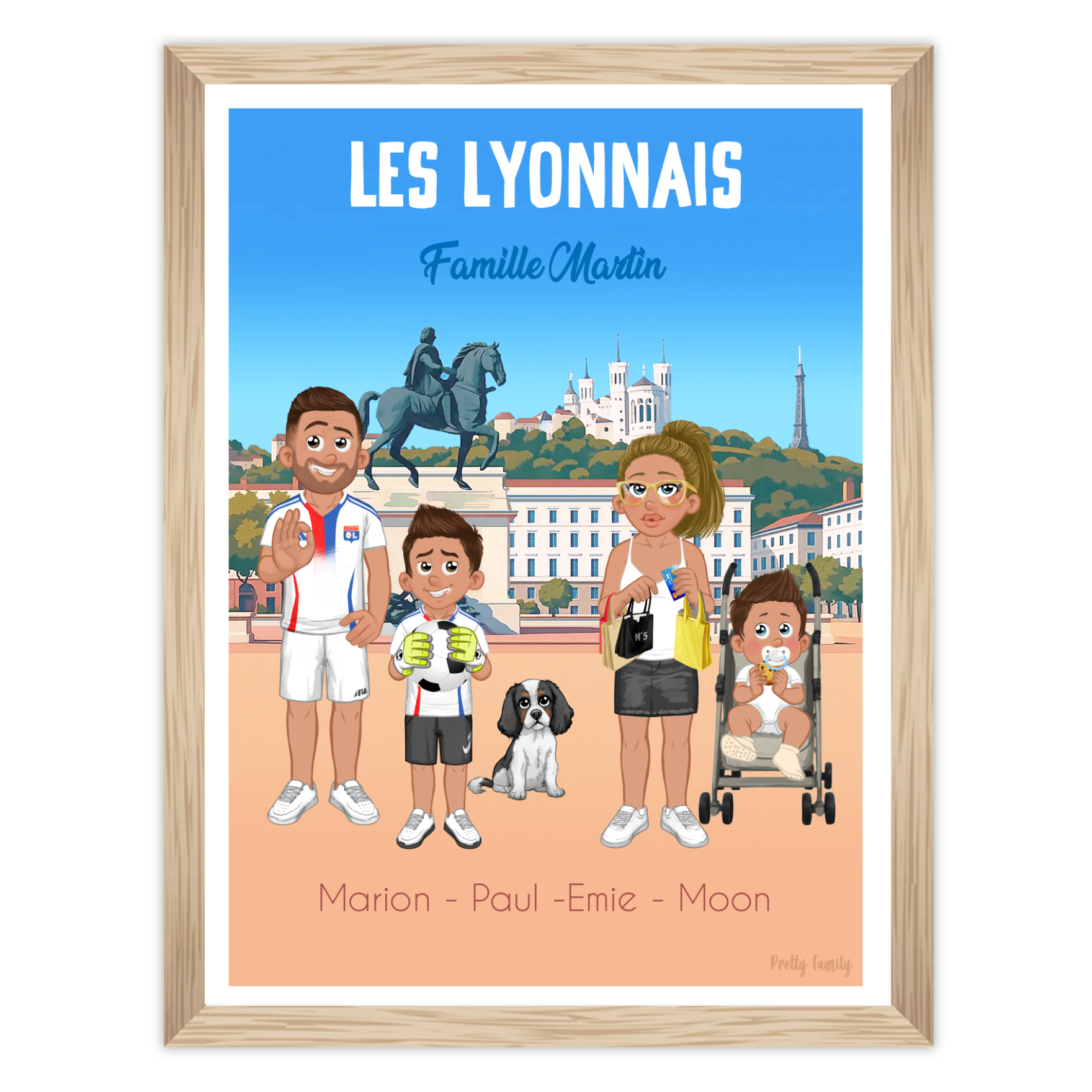 Illustration personnalisée d’une famille lyonnaise avec avatars devant la place Bellecour, statue de Louis XIV et vue sur Fourvière – style Pretty FamilyPARIS,  les parisiens 