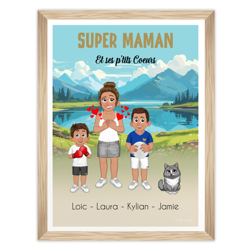 affiche personnalisée super maman et ses petits cœurs avec prénoms enfants cadeau fête des mères