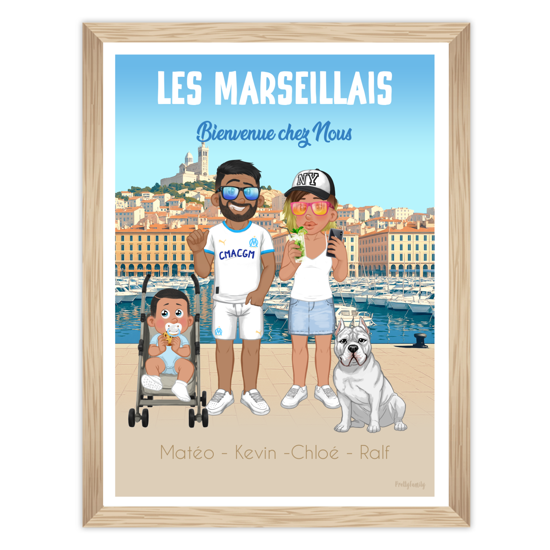 Illustration famille personnalisée devant le Vieux-Port de Marseille et Notre-Dame de la Garde – style Pretty Family avec avatars