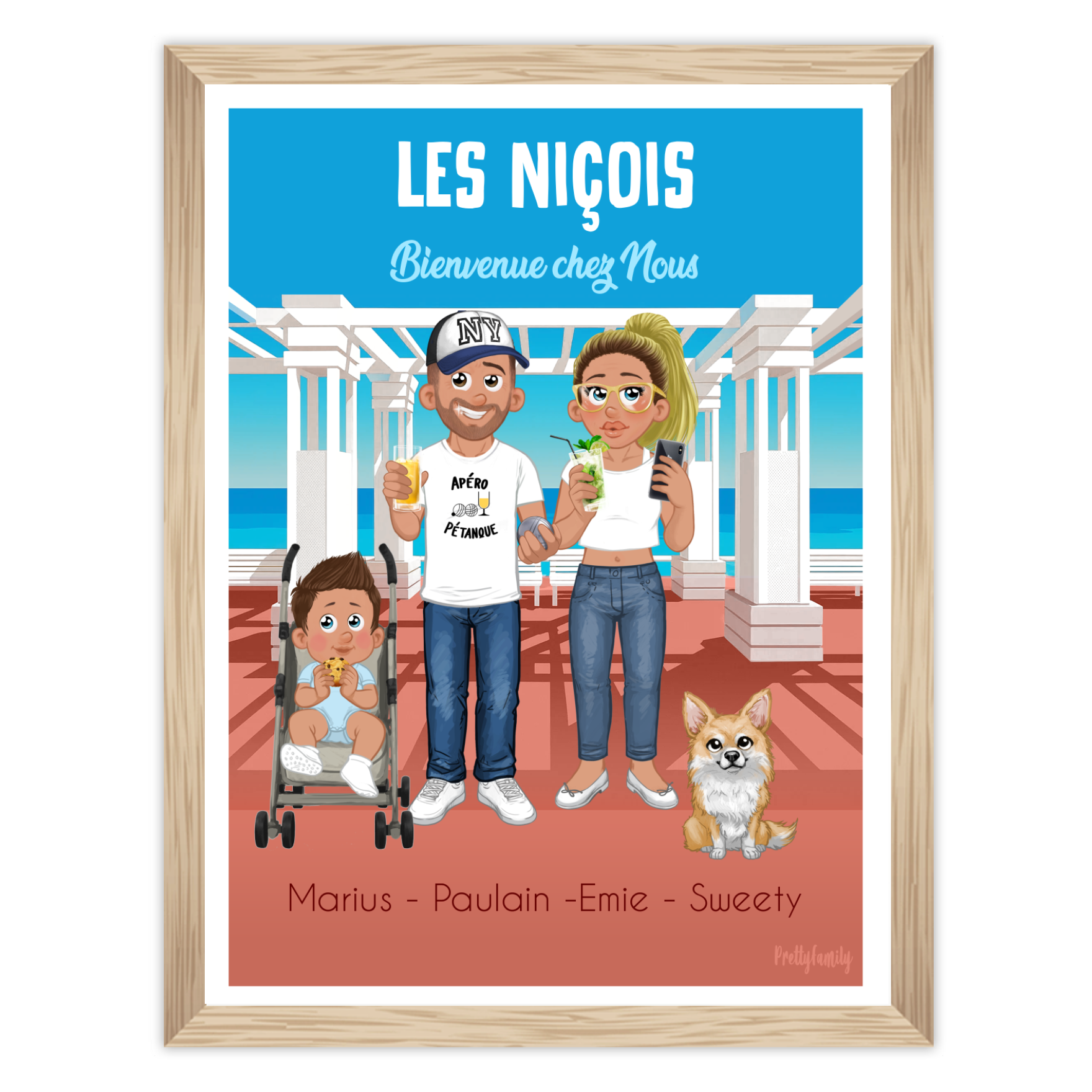 Affiche personnalisée de famille sur la Promenade des Anglais à Nice avec avatars personnalisés