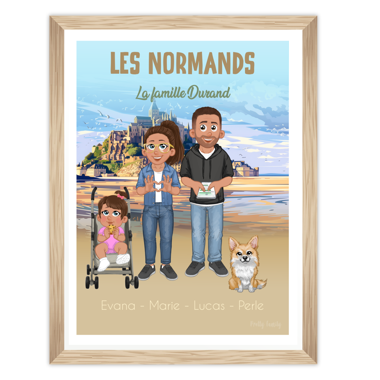 Portrait de famille personnalisé avec décor du Mont Saint-Michel en Normandie
