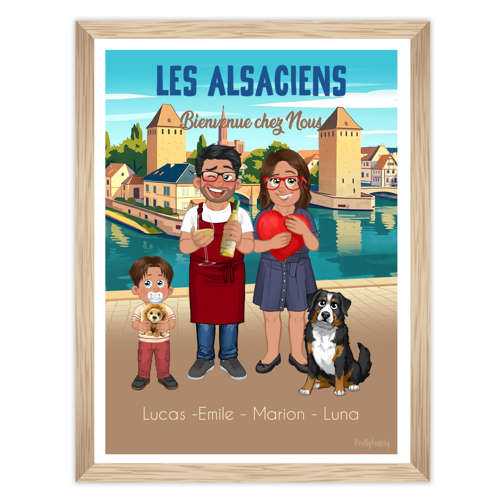 Illustration personnalisée famille alsacienne avec avatars sur fond Ponts Couverts de Strasbourg