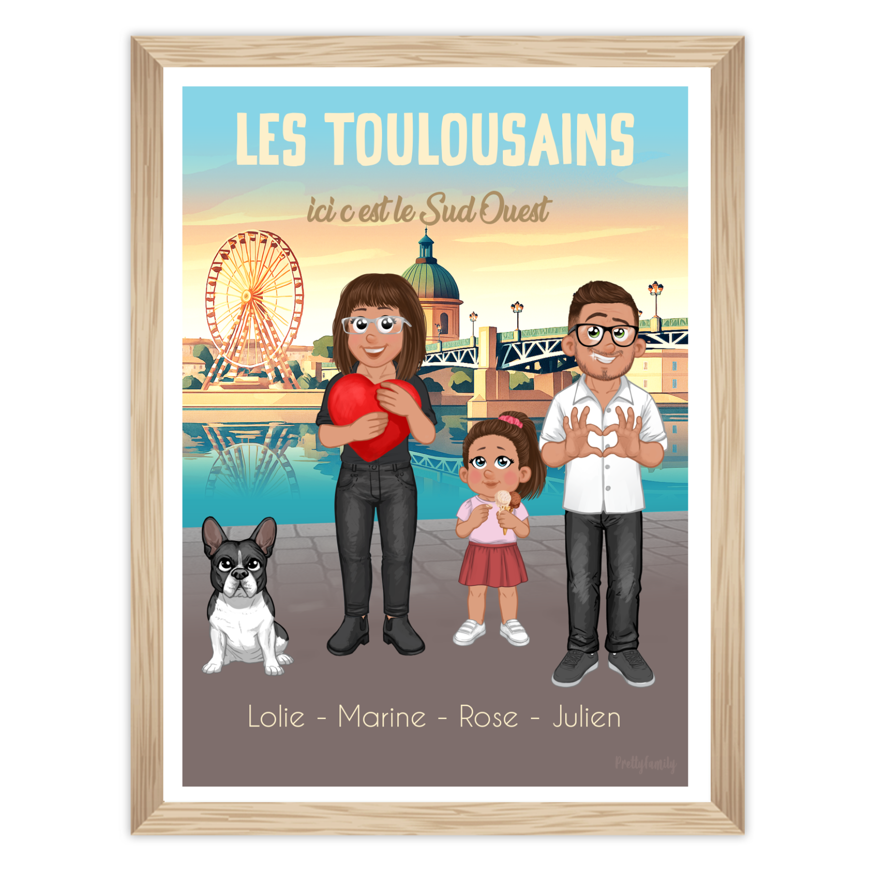 Illustration famille personnalisée devant le pont saint pierre à Toulouse, façades en briques roses – style Pretty Family avec avatars
